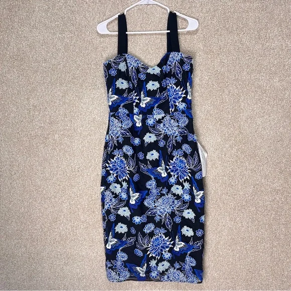Imperfect NWT Dress the Population embroidered overlay blue floral medium dress - Picture 4 of 17